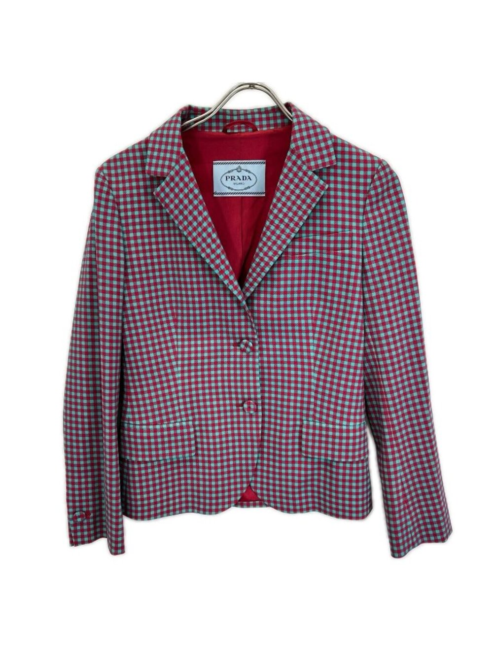 Prada Red Turquoise Gingham Check Tailored Jacket 40